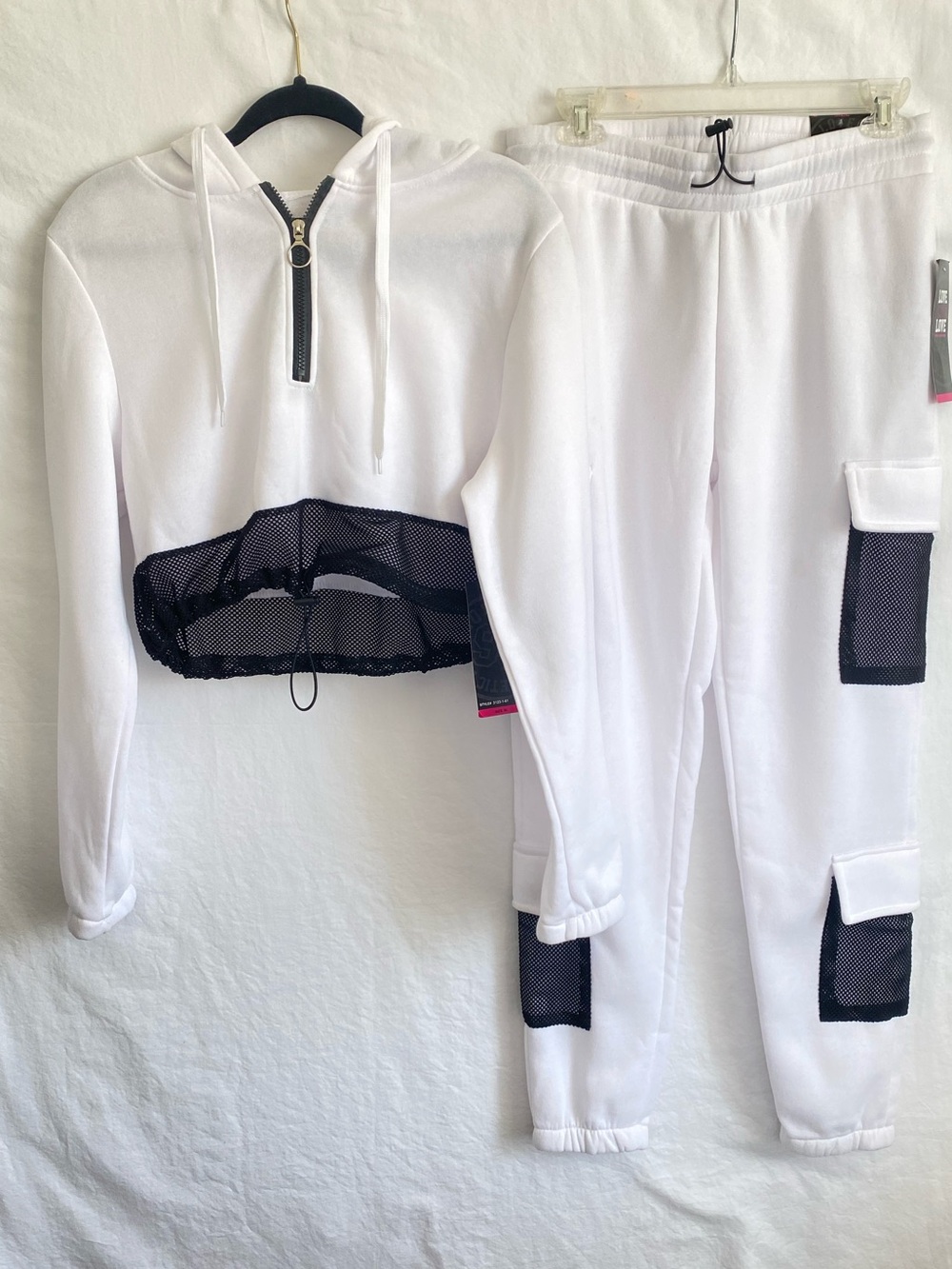 NWT Love Love Love White Tracksuit Set with Black Mesh Accents - Size Large